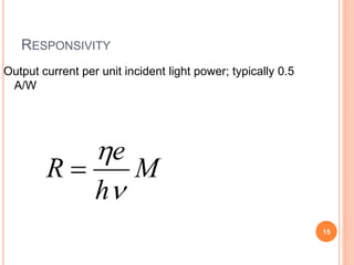 RESPONSIVITY
M
h
e
R



Output current per unit incident light power; typically 0.5
A/W
15
 