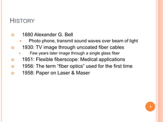 HISTORY
 1880 Alexander G. Bell
 Photo phone, transmit sound waves over beam of light
 1930: TV image through uncoated fiber cables
 Few years later image through a single glass fiber
 1951: Flexible fiberscope: Medical applications
 1956: The term “fiber optics” used for the first time
 1958: Paper on Laser & Maser
3
 