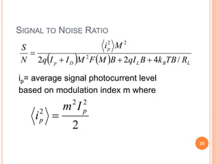 SIGNAL TO NOISE RATIO
ip= average signal photocurrent level
based on modulation index m where
2
22
2 p
p
Im
i 
    LBLDp
p
RTBkBqIBMFMIIq
Mi
N
S
/422 2
22


35
 