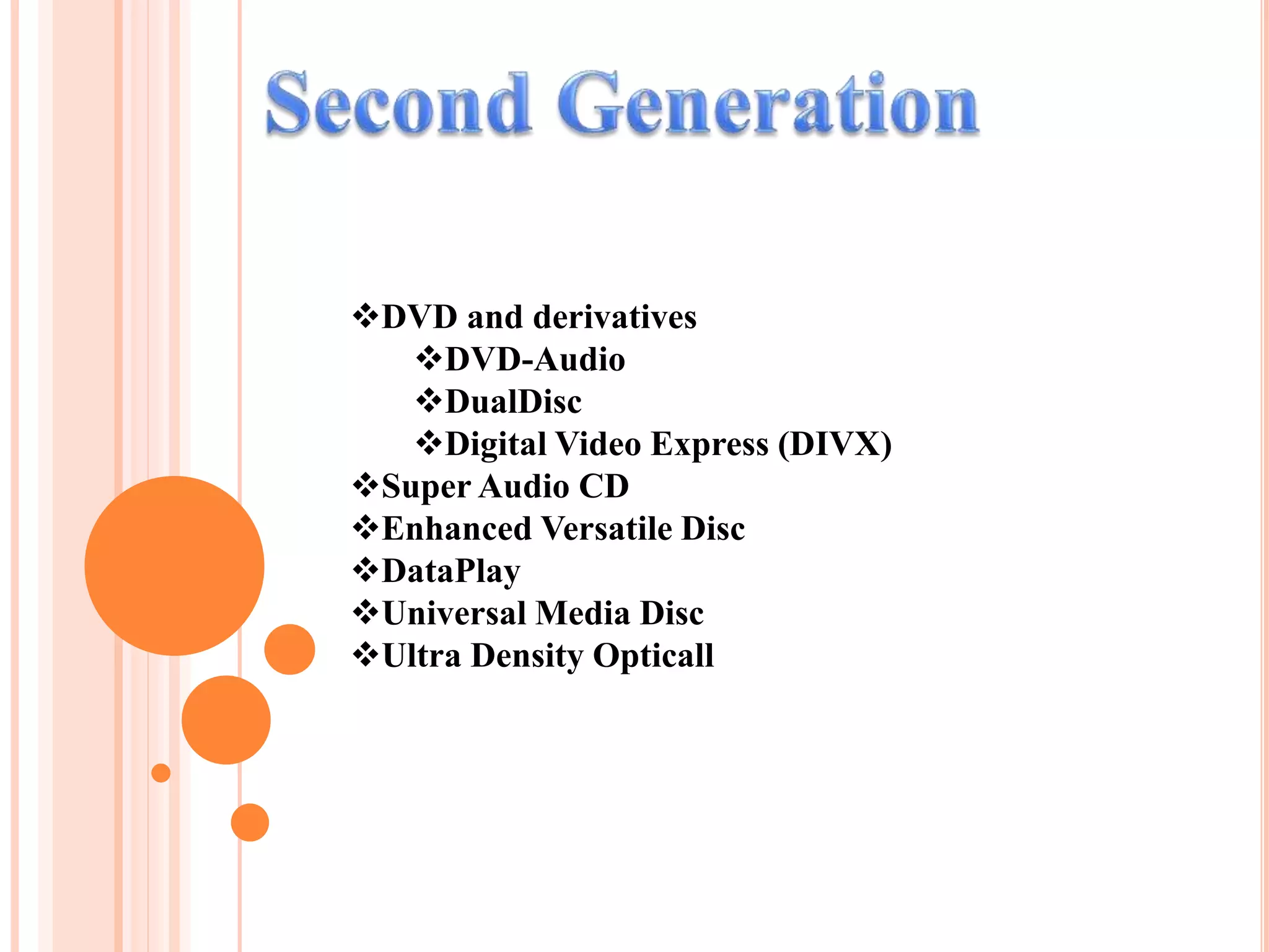 DVD and derivatives
DVD-Audio
DualDisc
Digital Video Express (DIVX)
Super Audio CD
Enhanced Versatile Disc
DataPlay
Universal Media Disc
Ultra Density Opticall
 