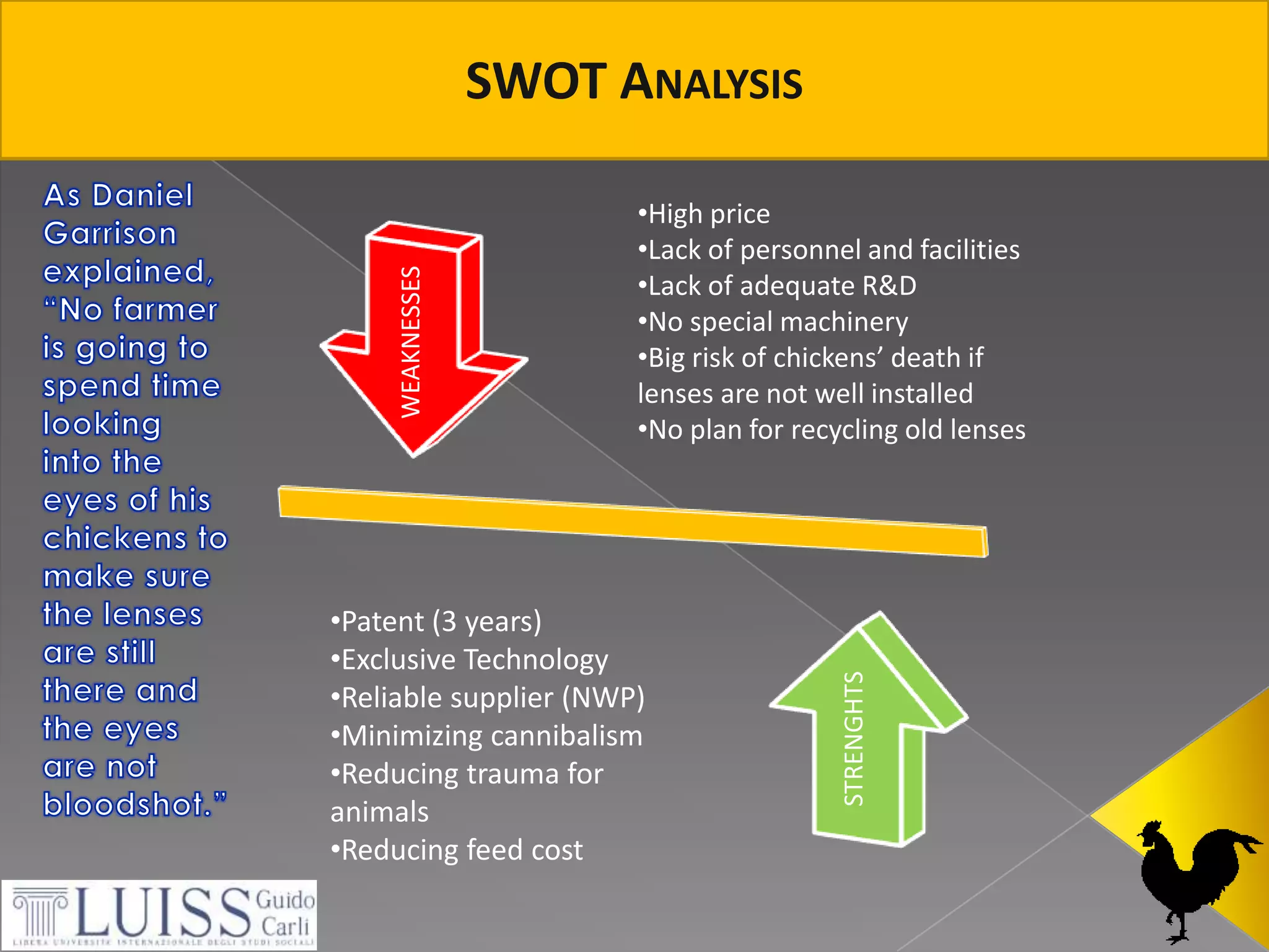  New technologies using lasers and infrared beams are currently under research and producers should be prepared to adopt these new methods if they become available!SWOT AnalysisAs Daniel Garrison explained, “No farmer is going to spend time looking into the eyes of his chickens to make sure the lenses are still there and the eyes are not bloodshot.”High price