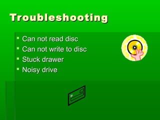 TroubleshootingTroubleshooting
 Can not read discCan not read disc
 Can not write to discCan not write to disc
 Stuck drawerStuck drawer
 Noisy driveNoisy drive
 