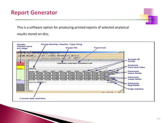 111
This is a software option for producing printed reports of selected analytical
results stored on disc.
 