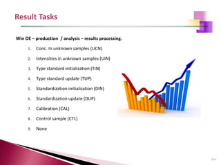 114
Win OE – production / analysis – results processing.
1. Conc. In unknown samples (UCN)
2. Intensities in unknown samples (UIN)
3. Type standard initialization (TIN)
4. Type standard update (TUP)
5. Standardization initialization (DIN)
6. Standardization update (DUP)
7. Calibration (CAL)
8. Control sample (CTL)
9. None
 