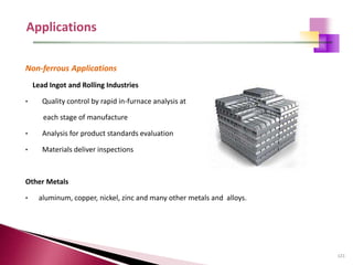 121
Non-ferrous Applications
Lead Ingot and Rolling Industries
• Quality control by rapid in-furnace analysis at
each stage of manufacture
• Analysis for product standards evaluation
• Materials deliver inspections
Other Metals
• aluminum, copper, nickel, zinc and many other metals and alloys.
 