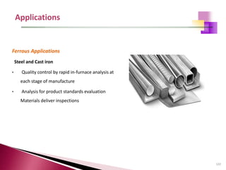 122
Ferrous Applications
Steel and Cast iron
• Quality control by rapid in-furnace analysis at
each stage of manufacture
• Analysis for product standards evaluation
Materials deliver inspections
 