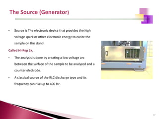 17
• Source is The electronic device that provides the high
voltage spark or other electronic energy to excite the
sample on the stand.
Called Hi-Rep 2+,
• The analysis is done by creating a low voltage arc
between the surface of the sample to be analyzed and a
counter electrode.
• A classical source of the RLC discharge type and its
frequency can rise up to 400 Hz.
 