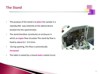 19
• The purpose of the stand is to place the sample in a
reproducible way relatively to the optical device
located into the spectrometer.
• The stand therefore constitutes an enclosure in
which an argon flow circulates The stand-by flow is
fixed to about 0.2 - 0.5 l/min.
• During sparking, this flow is automatically
increased.
• The table is cooled by a closed water cooled circuit.
 