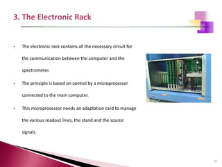 32
• The electronic rack contains all the necessary circuit for
the communication between the computer and the
spectrometer.
• The principle is based on control by a microprocessor
connected to the main computer.
• This microprocessor needs an adaptation card to manage
the various readout lines, the stand and the source
signals.
 