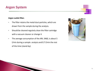 36
Argon outlet filter.
• The filter retains the metal dust particles, which are
drawn from the sample during the analysis.
• Should be cleaned regularly clean the filter cartridge
with a vacuum cleaner or change it
• The average consumption of the ARL 3460, is about 5
l/min during a sample analysis and 0.7 l/min the rest
of the time (stand-by).
 