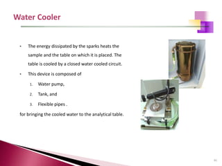 41
• The energy dissipated by the sparks heats the
sample and the table on which it is placed. The
table is cooled by a closed water cooled circuit.
• This device is composed of
1. Water pump,
2. Tank, and
3. Flexible pipes .
for bringing the cooled water to the analytical table.
 