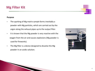 47
Purpose
• The sparking of Mg matrix sample forms inevitably a
powder with Mg particles, which are carried out by the
argon along the exhaust pipes up to the output filter.
• It is known that the Mg powder is very reactive with the
oxygen from the air and causes explosions (Mg powder is
used for fireworks).
• The Mg filter is a device designed to dissolve the Mg
powder in an acidic solution.
 