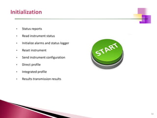 54
• Status reports
• Read instrument status
• Initialize alarms and status logger
• Reset instrument
• Send instrument configuration
• Direct profile
• Integrated profile
• Results transmission results
 