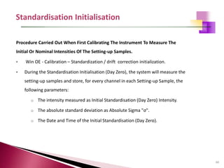 68
Procedure Carried Out When First Calibrating The Instrument To Measure The
Initial Or Nominal Intensities Of The Setting-up Samples.
• Win OE - Calibration – Standardization / drift correction initialization.
• During the Standardisation Initialisation (Day Zero), the system will measure the
setting-up samples and store, for every channel in each Setting-up Sample, the
following parameters:
o The intensity measured as Initial Standardisation (Day Zero) Intensity.
o The absolute standard deviation as Absolute Sigma "σ".
o The Date and Time of the Initial Standardisation (Day Zero).
 