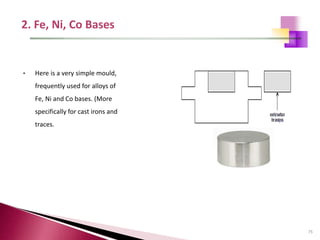75
• Here is a very simple mould,
frequently used for alloys of
Fe, Ni and Co bases. (More
specifically for cast irons and
traces.
 
