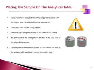 87
• The surface to be analyzed should no longer be touched with
the fingers after the sample's surface preparation.
• This is also valid for the analysis table.
• One must avoid doing the analysis on the centre of the sample.
• It is a known fact the homogeneity is better in the area near to
the edge of the sample.
• The sample will therefore be placed so that it hides the hole of
the analysis table by about 3 mm on the table's area.
 