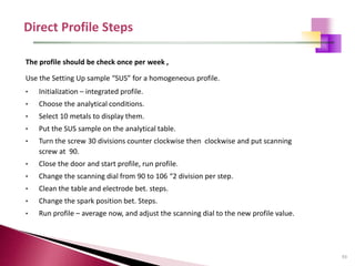 93
The profile should be check once per week ,
Use the Setting Up sample “SUS” for a homogeneous profile.
• Initialization – integrated profile.
• Choose the analytical conditions.
• Select 10 metals to display them.
• Put the SUS sample on the analytical table.
• Turn the screw 30 divisions counter clockwise then clockwise and put scanning
screw at 90.
• Close the door and start profile, run profile.
• Change the scanning dial from 90 to 106 “2 division per step.
• Clean the table and electrode bet. steps.
• Change the spark position bet. Steps.
• Run profile – average now, and adjust the scanning dial to the new profile value.
 