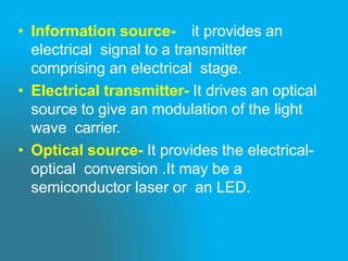 • Information source- it provides an
electrical signal to a transmitter
comprising an electrical stage.
• Electrical transmitter- It drives an optical
source to give an modulation of the light
wave carrier.
• Optical source- It provides the electrical-
optical conversion .It may be a
semiconductor laser or an LED.
 