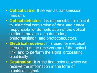 • Optical cable: It serves as transmission
medium.
• Optical detector: It is responsible for optical
to electrical conversion of data and hence
responsible for demodulation of the optical
carrier. It may be a photodiodes,
phototransistor, and photoconductors.
• Electrical receiver: It is used for electrical
interfacing at the receiver end of the optical
link and to perform the signal processing
electrically.
• Destination: It is the final point at which we
receive the information in the form of
electrical signal.
 