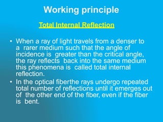 Working principle
Total Internal Reflection
• When a ray of light travels from a denser to
a rarer medium such that the angle of
incidence is greater than the critical angle,
the ray reflects back into the same medium
this phenomena is called total internal
reflection.
• In the optical fiberthe rays undergo repeated
total number of reflections until it emerges out
of the other end of the fiber, even if the fiber
is bent.
 