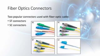 Fiber Optics Connectors
Two popular connectors used with fiber-optic cable:
• ST connectors
• SC connectors
 