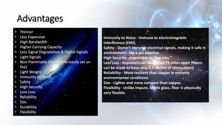 Advantages
Immunity to Noise - Immune to electromagnetic
interference (EMI).
Safety - Doesn’t transmit electrical signals, making it safe in
environments like a gas pipeline.
High Security - Impossible to “tap into.”
Less Loss - Repeaters can be spaced 75 miles apart (fibers
can be made to have only 0.2 dB/km of attenuation)
Reliability - More resilient than copper in extreme
environmental conditions.
Size - Lighter and more compact than copper.
Flexibility - Unlike impure, brittle glass, fiber is physically
very flexible.
 