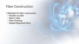 Fiber Construction
• Methods for fiber construction
– Double crucible
– Rod in Tube
– Fiber Drawing
– Doped Deposited Silica
 