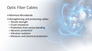 Optic Fiber Cables
Minimize Microbends
Strengthening and protecting cables
– Tensile strength
– Crush resistance
– Protection from excess bending
– Abrasion protection
– Vibration isolation
– Moisture and chemical protection
 