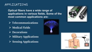 APPLICATIONS
 Telecommunications
 Medical Fields
 Decorations
Optical fibers have a wide range of
applications in various fields. Some of the
most common applications are:
 Military Applications
 Sensing Applications
 