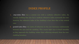 INDEX PROFILE
1. step-index fiber has a central core with a uniform refractive index. An
outside cladding that also has a uniform refractive index surrounds the core;
however, the refractive index of the cladding is less than that of the central
core.
2. graded-index fiber, the index of refraction in the core decreases continuously
between the axis and the cladding. This causes light rays to bend smoothly
as they approach the cladding, rather than reflecting abruptly from the core-
cladding boundary
 
