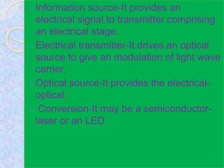 Information source-It provides an
electrical signal to transmitter comprising
an electrical stage.
Electrical transmitter-It drives an optical
source to give an modulation of light wave
carrier.
Optical source-It provides the electrical-
optical.
 Conversion-It may be a semiconductor-
laser or an LED.
 