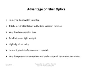 Advantage of Fiber Optics
 Immense bandwidth to utilize
 Total electrical isolation in the transmission medium
 Very low transmission loss,
 Small size and light weight,
 High signal security,
 Immunity to interference and crosstalk,
 Very low power consumption and wide scope of system expansion etc.
7/21/2019
Prepared by Tarana Afrin Chandel,
Associate Professor, ECE, IUL
 