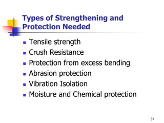 Types of Strengthening and
Protection Needed
 Tensile strength
 Crush Resistance
 Protection from excess bending
 Abrasion protection
 Vibration Isolation
 Moisture and Chemical protection
37
 