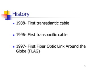 History
 1988- First transatlantic cable
 1996- First transpacific cable
 1997- First Fiber Optic Link Around the
Globe (FLAG)
6
 
