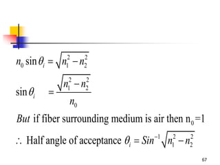 67
2 2
0 1 2
2 2
1 2
0
0
1 2 2
1 2
sin
sin
if fiber surrounding medium is air then n =1
Half angle of acceptance
i
i
i
n n n
n n
n
But
Sin n n


 
 


  
 