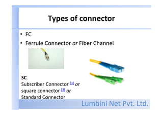 Lumbini Net Pvt. Ltd.
Types of connector
• FC
• Ferrule Connector or Fiber Channel
SC
Subscriber Connector [3] or
square connector [3] or
Standard Connector
 