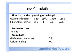 Lumbini Net Pvt. Ltd.
Loss Calculation
• Fiber loss at the operating wavelength
Wavelength (nm) 850 1300 1310 1550
Fiber Atten. dB/km 3.5 1 0.3 0.25
• Connector Loss
0.3 dB
• Splice Loss
Mechanical connection 0.2
Fusion splicing 0.1
 