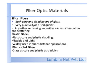 Lumbini Net Pvt. Ltd.
Fiber Optic Materials
Silica Fibers
• Both core and cladding are of glass.
• Very pure SiO2 or fused quartz.
• Any other remaining impurities causes attenuation
and scattering
Plastic Fibers
•Plastic core and plastic cladding.
•Flexible and Light.
•Widely used in short distance applications
Plastic-clad Fibers
•Glass as core and plastic as cladding
 