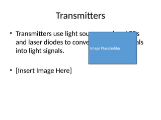 Transmitters
• Transmitters use light sources such as LEDs
and laser diodes to convert electrical signals
into light signals.
• [Insert Image Here]
Image Placeholder
 