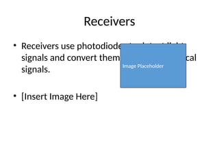 Receivers
• Receivers use photodiodes to detect light
signals and convert them back into electrical
signals.
• [Insert Image Here]
Image Placeholder
 