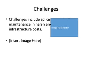 Challenges
• Challenges include splicing complexity,
maintenance in harsh environments, and
infrastructure costs.
• [Insert Image Here]
Image Placeholder
 