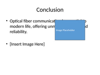 Conclusion
• Optical fiber communication is essential to
modern life, offering unmatched speed and
reliability.
• [Insert Image Here]
Image Placeholder
 