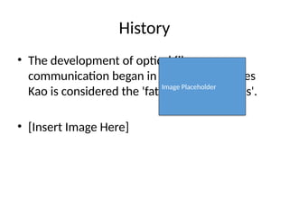 History
• The development of optical fiber
communication began in the 1960s. Charles
Kao is considered the 'father of fiber optics'.
• [Insert Image Here]
Image Placeholder
 