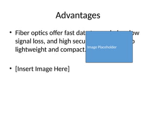 Advantages
• Fiber optics offer fast data transmission, low
signal loss, and high security. They are also
lightweight and compact.
• [Insert Image Here]
Image Placeholder
 