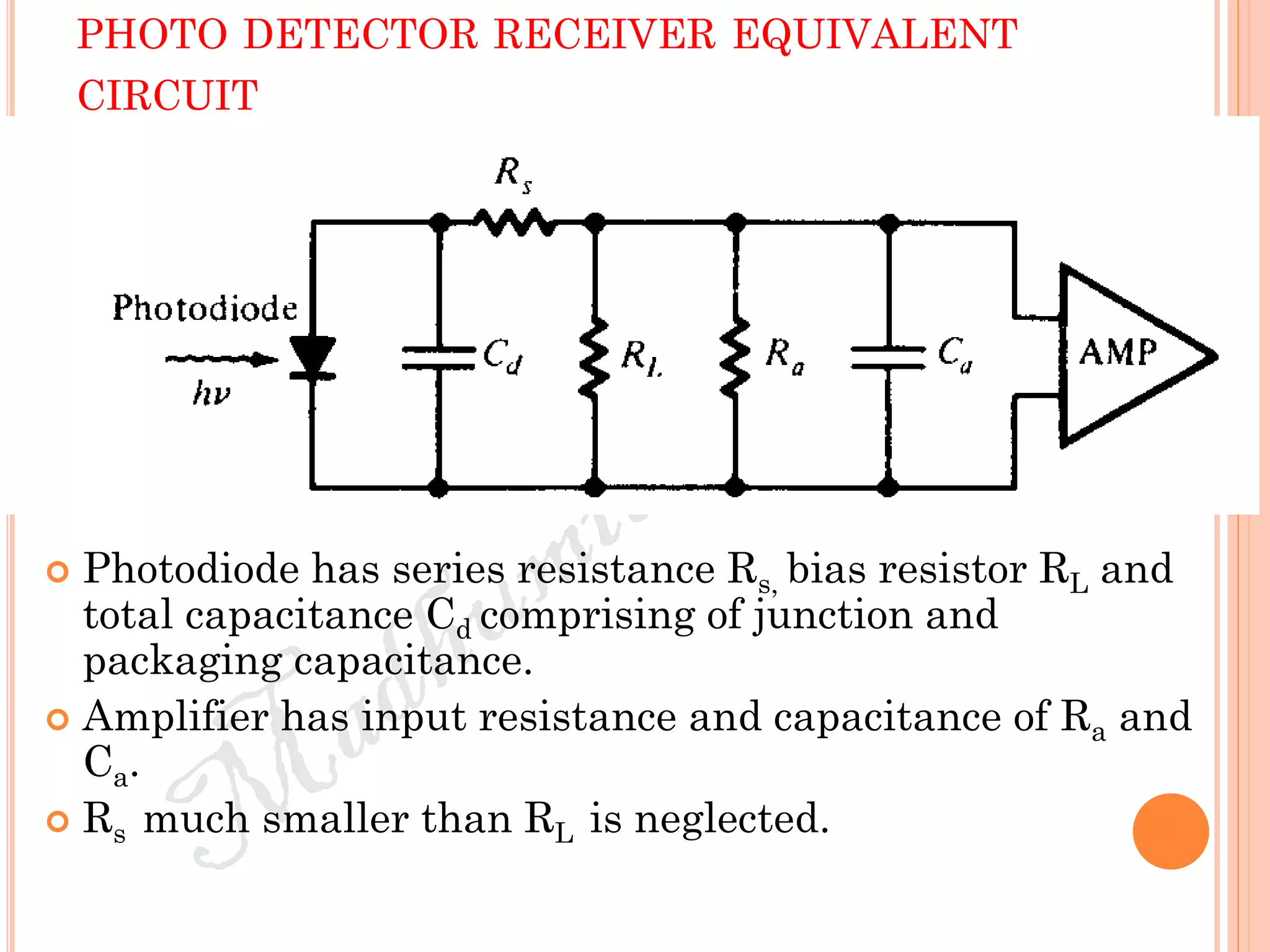 PHOTO DETECTOR RECEIVER EQUIVALENT
CIRCUIT
 Photodiode has series resistance Rs, bias resistor RL and
total capacitance Cd comprising of junction and
packaging capacitance.
 Amplifier has input resistance and capacitance of Ra and
Ca.
 Rs much smaller than RL is neglected.
 