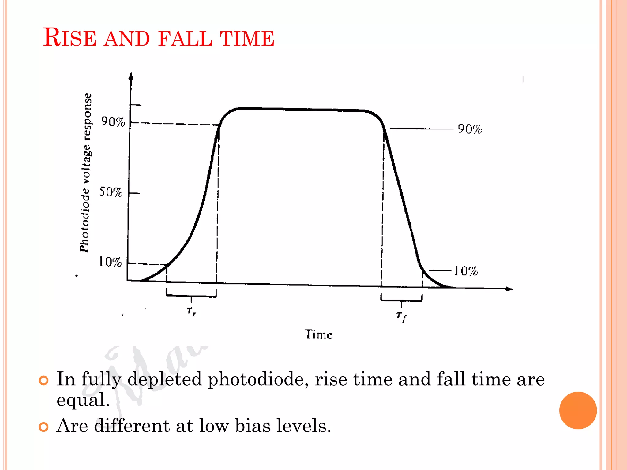 RISE AND FALL TIME
 In fully depleted photodiode, rise time and fall time are
equal.
 Are different at low bias levels.
 
