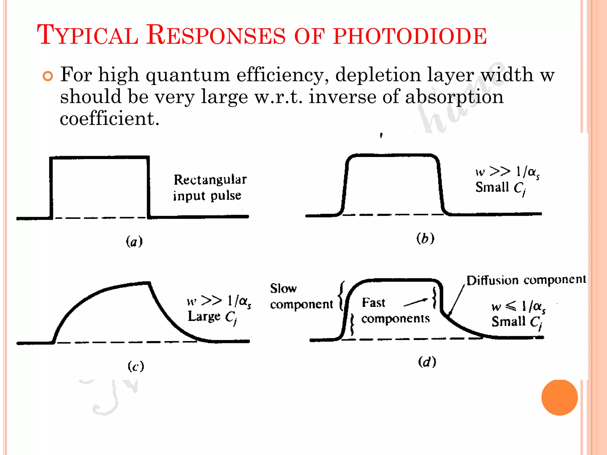 TYPICAL RESPONSES OF PHOTODIODE
 For high quantum efficiency, depletion layer width w
should be very large w.r.t. inverse of absorption
coefficient.
 