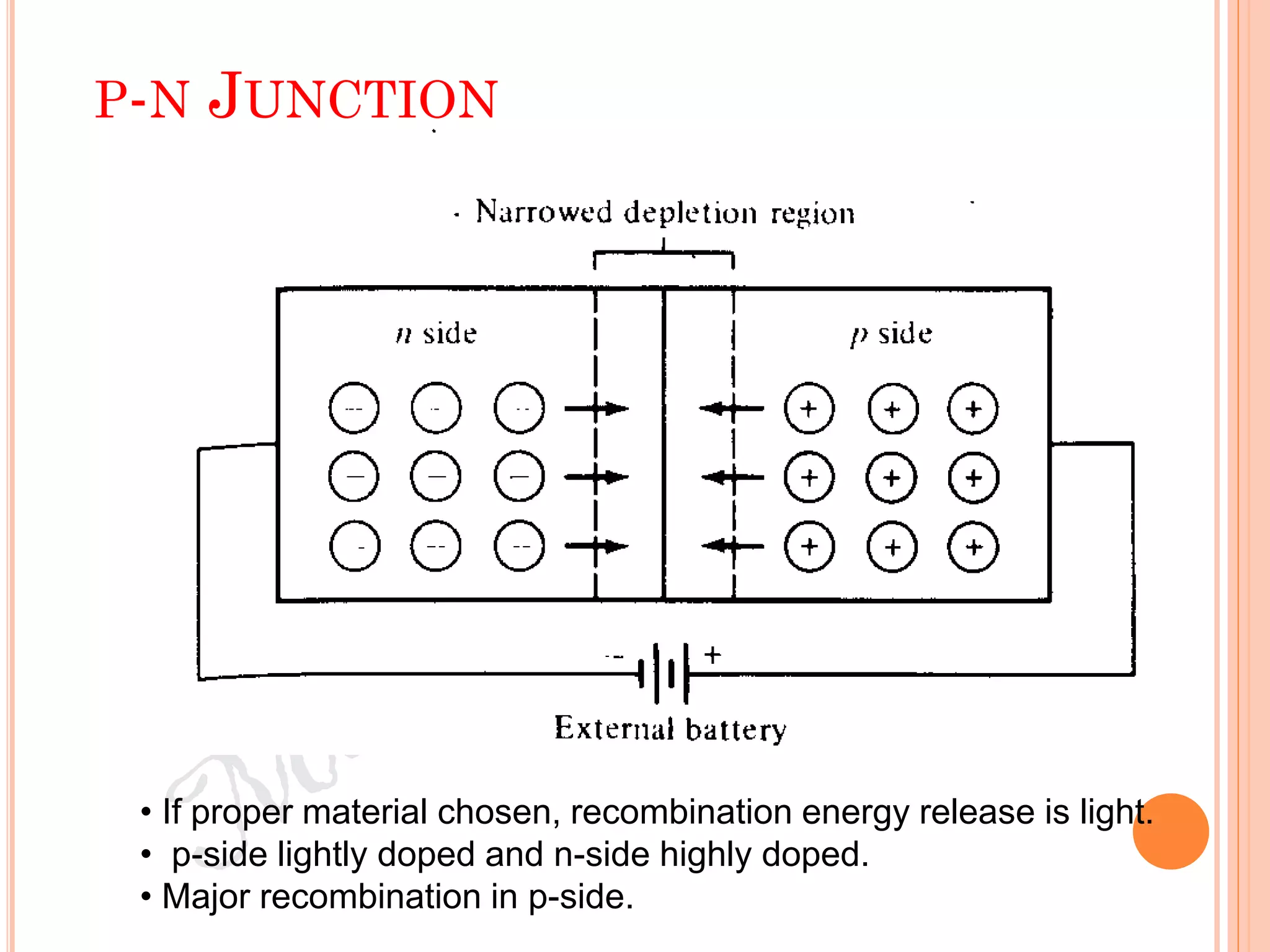 P-N JUNCTION
• If proper material chosen, recombination energy release is light.
• p-side lightly doped and n-side highly doped.
• Major recombination in p-side.
 