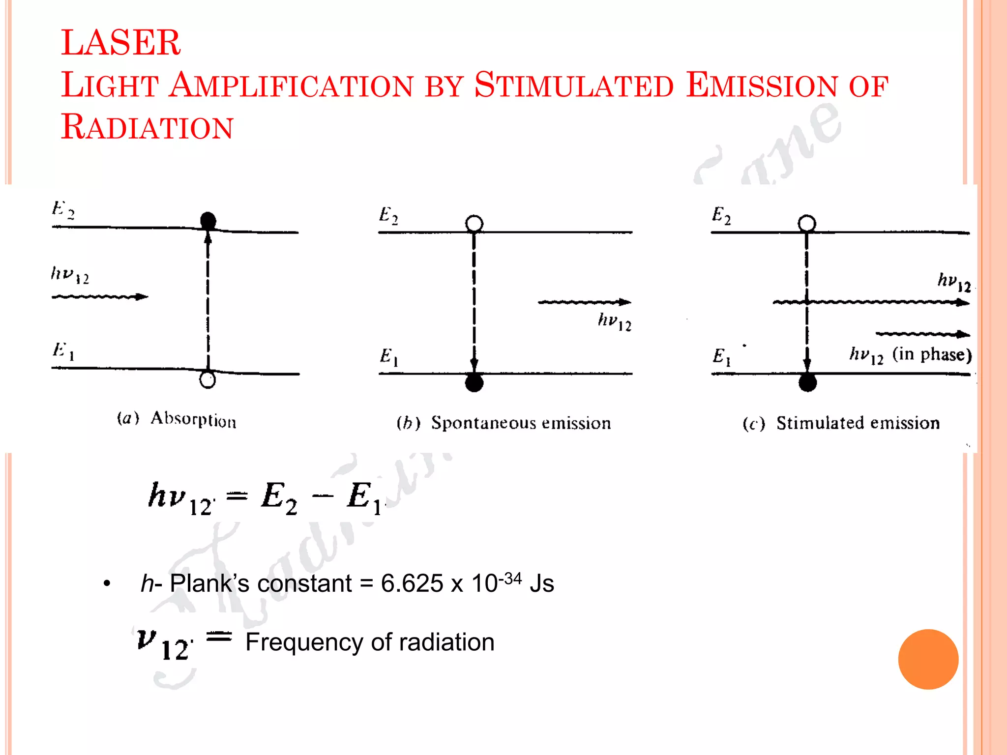 LASER
LIGHT AMPLIFICATION BY STIMULATED EMISSION OF
RADIATION
• h- Plank’s constant = 6.625 x 10-34 Js
Frequency of radiation
 