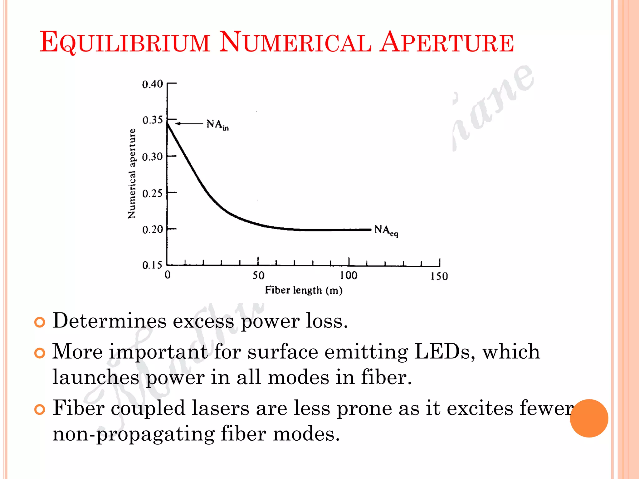 EQUILIBRIUM NUMERICAL APERTURE
 Determines excess power loss.
 More important for surface emitting LEDs, which
launches power in all modes in fiber.
 Fiber coupled lasers are less prone as it excites fewer
non-propagating fiber modes.
 